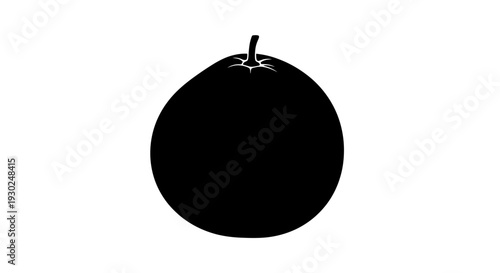 Black Silhouette of a Round Orange Fruit with Stem on White Background
