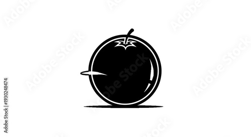Black Silhouette of an Orange with a Slice Cut Out, Isolated on White Background