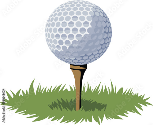 Golf ball on wooden tee in green grass field vector illustration for sports and leisure design