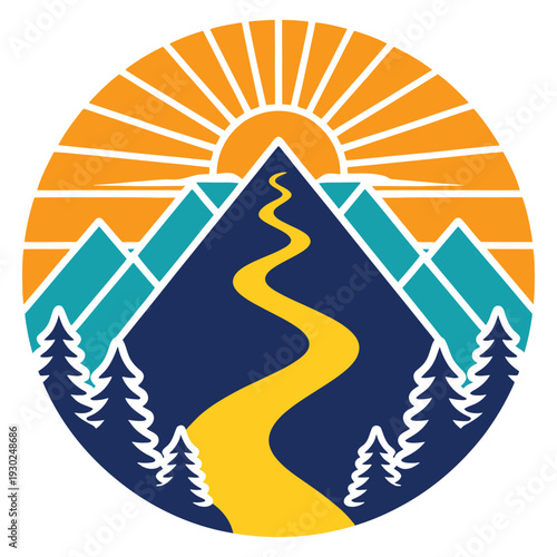 Vibrant minimalist mountain trail with sunrise - adventure and nature vector illustration