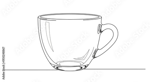 Transparent Glass Coffee Cup on White Background, Minimalist Line Art Drawing