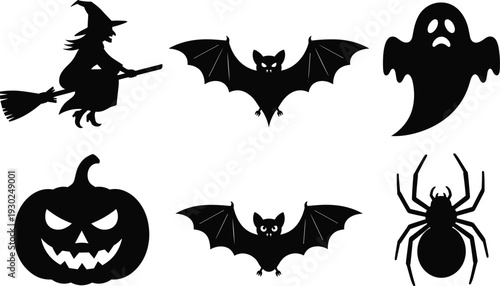 Halloween silhouette collection featuring witch on broomstick, spooky bats, ghost, jack o lantern pumpkin, and spider, isolated vector for holiday designs,