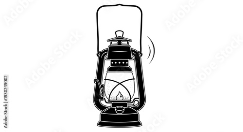 Vintage kerosene lantern with flame, black and white illustration, retro style