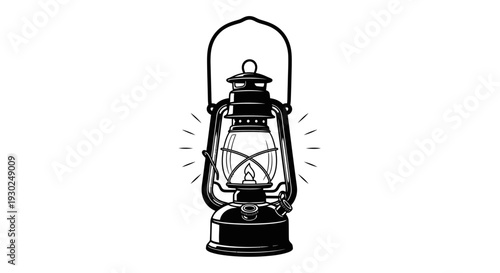 Vintage Oil Lantern with Glowing Flame and Light Rays, Black and White Illustration