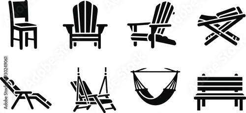 Outdoor chair and hammock silhouette set, garden furniture icons isolated on white background collection