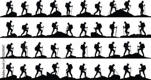 Large hiker silhouette set, backpackers climbing mountains with trekking poles, outdoor adventure wilderness exploration, summer hiking trail activity vector icons