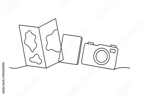 Minimalist Travel Essentials. "Vacation Essentials". Minimalistic one-line drawing flat lay of travel