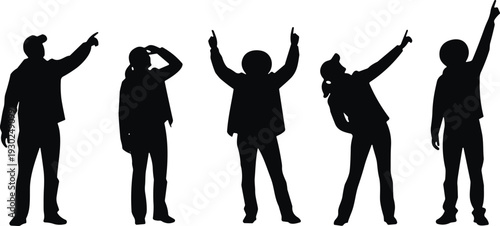 People pointing upward silhouette set, men gesturing and looking up isolated on white background collection