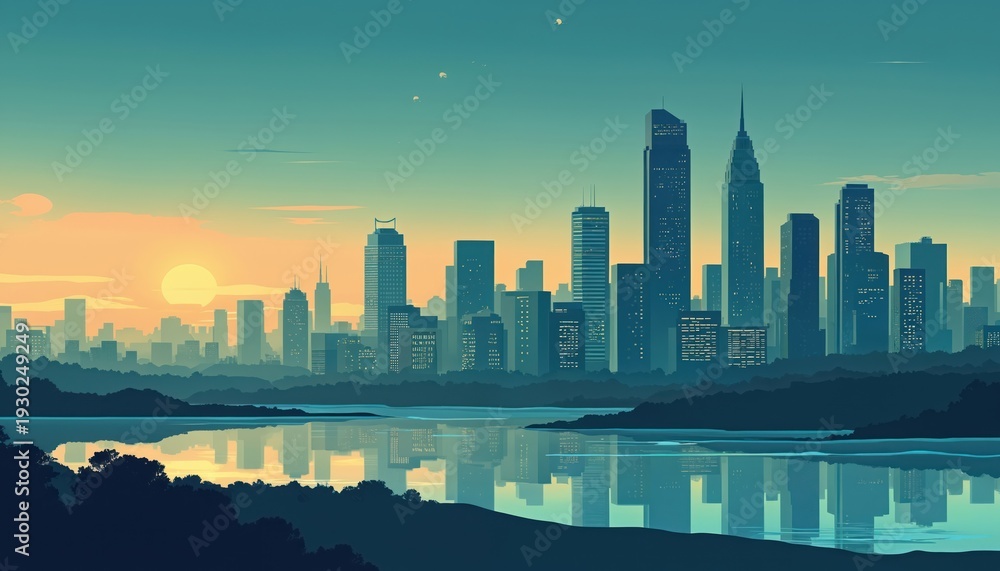 Obraz premium Flat gradient illustration of a city skyline at dusk with a lake reflecting buildings. Tall skyscrapers dominate the horizon under a muted sky, suggesting urban development and business.