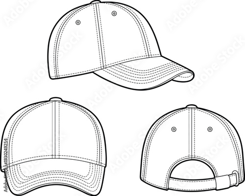 Baseball cap technical drawing, blank hat template vector, front back views, apparel mockup outline, detailed stitching illustration
