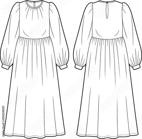 Flat technical sketch of round neck gathered long sleeve maxi dress with back keyhole detail, loose fit, CAD vector illustration