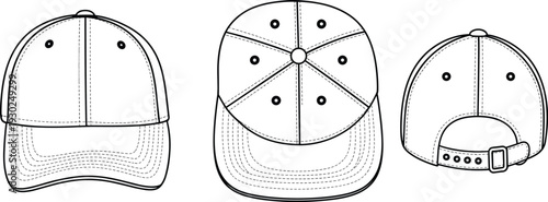 Baseball cap vector template, front top back views, adjustable hat outline, apparel mockup, blank headwear illustration