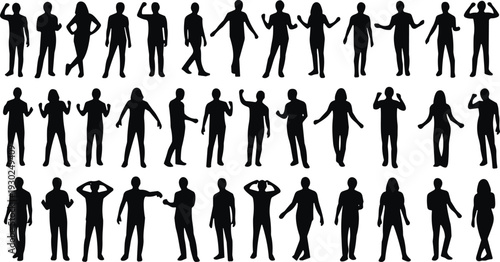 People silhouette collection, men and women standing dancing gesturing casual poses isolated on white background set