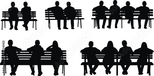 People sitting on bench silhouette set, men and women relaxing in park isolated on white background collection
