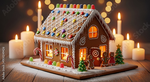Gingerbread house with candy decorations and lit candles
