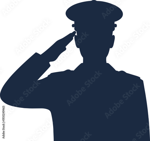 Military man saluting silhouette, soldier in uniform profile icon, army officer respect gesture vector, police officer honor symbol, patriotic veteran