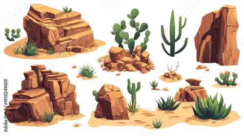 stylized clipart set of wild west terrain elements featuring rugged sandstone outcrops, desert succulents, and canyon rocks in earthy tones