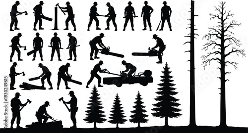 Lumberjack silhouette set with chainsaw and axe, woodcutter forestry workers, timber industry logging icons, pine tree and forest worker vector