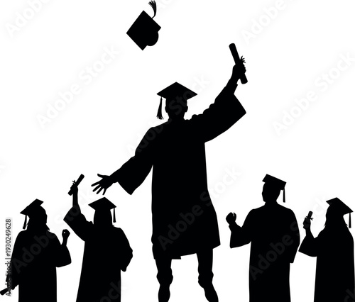 Graduation celebration silhouette five students tossing caps in joyful commencement