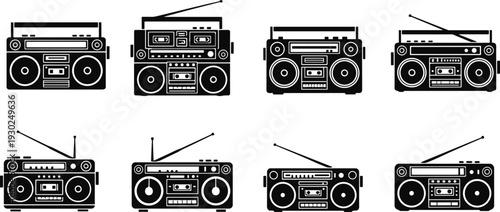 Retro boombox radio cassette player icon set, vintage portable stereo isolated on white background collection