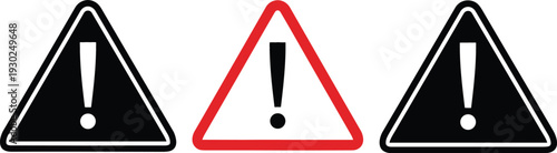 Exclamation Mark Warning Triangle Icons in Black and Red with Alert Symbols for Safety, Caution, and Hazard Notice Design