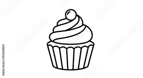Simple Line Art Cupcake Icon with Swirl Frosting and Cherry on Top