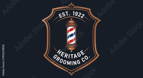 Vintage Barbershop Logo with Barber Pole and Heritage Grooming Co Text.