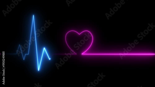 Digital heartbeat line animation. Neon line heart pulse looping animation. Abstract heartbeat and pulse rate signal technology animation on grid background. Heart beat pulse