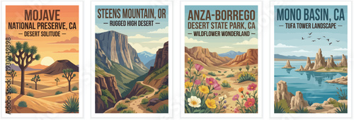 Vintage usa travel poster set. Including mojave preserve, anza borrego and mono basin california, and steens mountain oregon. Retro vector illustration.