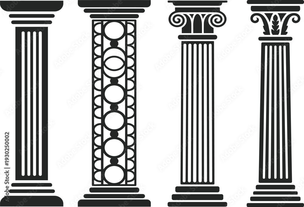 Fototapeta premium Classical architectural column vector set, featuring ancient greek and roman pillar silhouettes with ornate decorative capitals