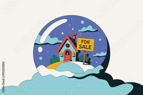 Charming house for sale inside a snow globe, representing real estate dreams and winter property market opportunities.