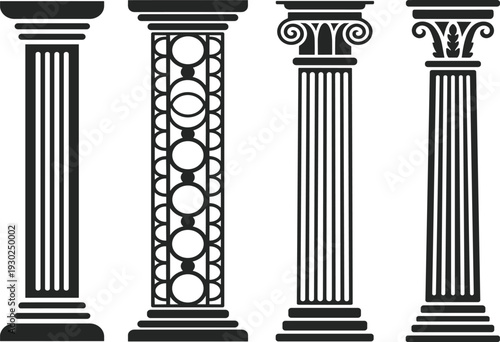 Classical architectural column vector set, featuring ancient greek and roman pillar silhouettes with ornate decorative capitals