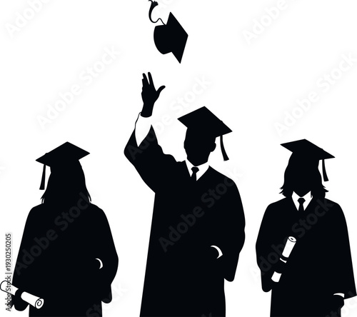 Graduation celebration silhouette of three students tossing cap