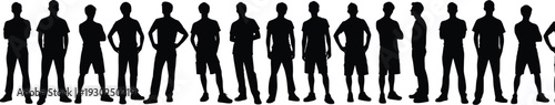 Standing men silhouette set, diverse male poses collection, casual group of people vector, young man standing icons, isolated human silhouettes