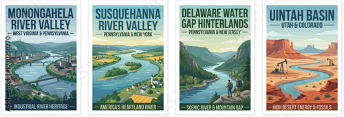 Vintage usa travel poster set. Including monongahela river, susquehanna river, delaware water gap, and uintah basin. Retro vector illustration.