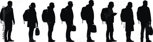 Traveler silhouette collection, people with backpack and travel bag standing isolated on white background set