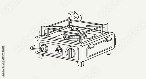 Portable Camping Stove with Flame, Outdoor Cooking Equipment, Line Art Illustration