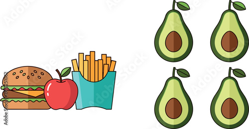 Fast Food and Healthy Nutrition Icon Set Featuring Burger Fries Apple and Avocado Symbols for Diet Comparison Wellness Education and Vector Design