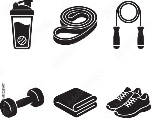 Wellness Fitness Training and Gym Equipment Silhouette Icon Set Vector Illustration