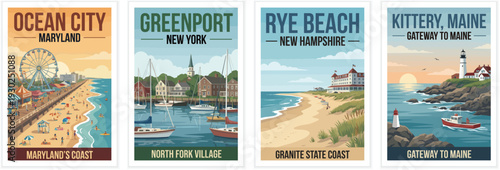Vintage travel poster set featuring Ocean City, Maryland. Greenport, NY. Rye Beach, NH. Kittery, Maine with coastal beach, boardwalk and lighthouse scenery.