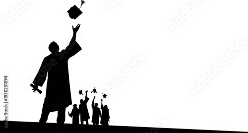 Graduation celebration silhouette a graduate and family tossing caps