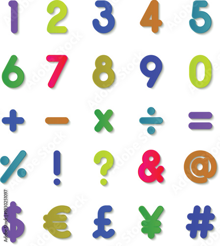 Set of colorful numbers and mathematical symbols including digits 0–9, arithmetic signs, punctuation marks, and currency symbols. Bright multicolor typography icons ideal for edItion.