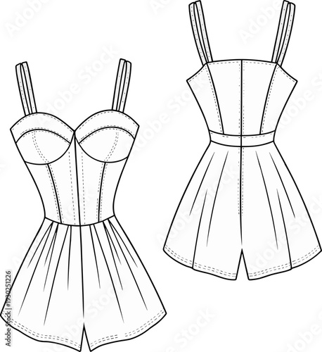 Flat technical vector sketch of women’s corset romper with structured bustier, pleated shorts, front and back view CAD illustration