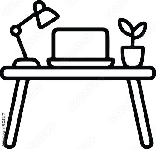 Minimalist line art icon of a modern desk setup with laptop, adjustable lamp, and small potted plant on a tabletop