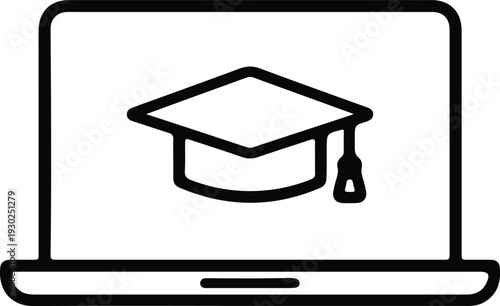 Outline icon of a graduation cap displayed on a laptop screen, symbolizing online education, elearning, distance learning, and academic achievement in a digital format