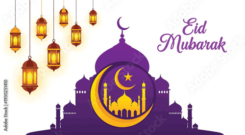 Eid mubarak greeting card with purple mosque and lanterns isolated on white background for muslim holiday celebration