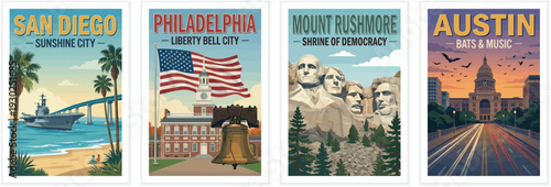 Vintage usa travel poster set. Including san diego sunshine city, philadelphia liberty bell, mount rushmore, and austin bats and music. Retro vector art.