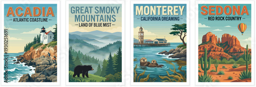 Vintage usa travel poster set. Including acadia atlantic coastline, great smoky mountains, monterey california, and sedona red rock country. Retro vector.