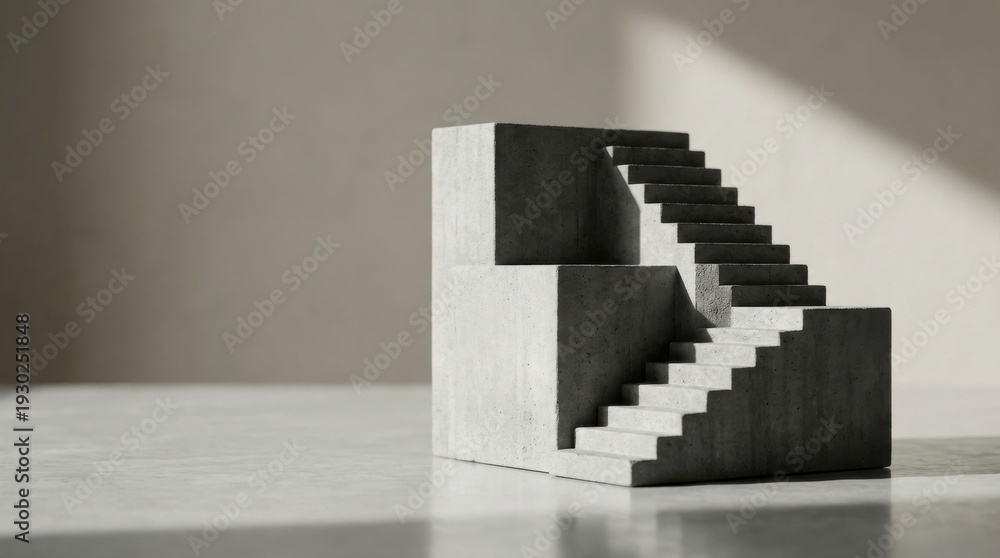 Fototapeta premium Abstract concrete stairs sculpture with geometric design against soft natural light, emphasizing minimalism and modern architecture aesthetics