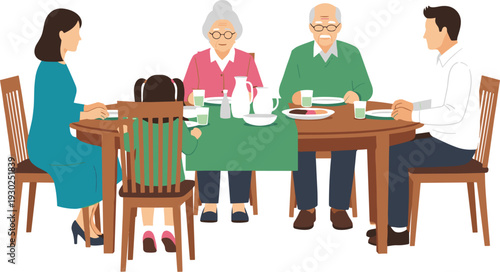 Family Dinner Scene with Grandparents Parents and Child Sitting at Table Eating Together Illustration